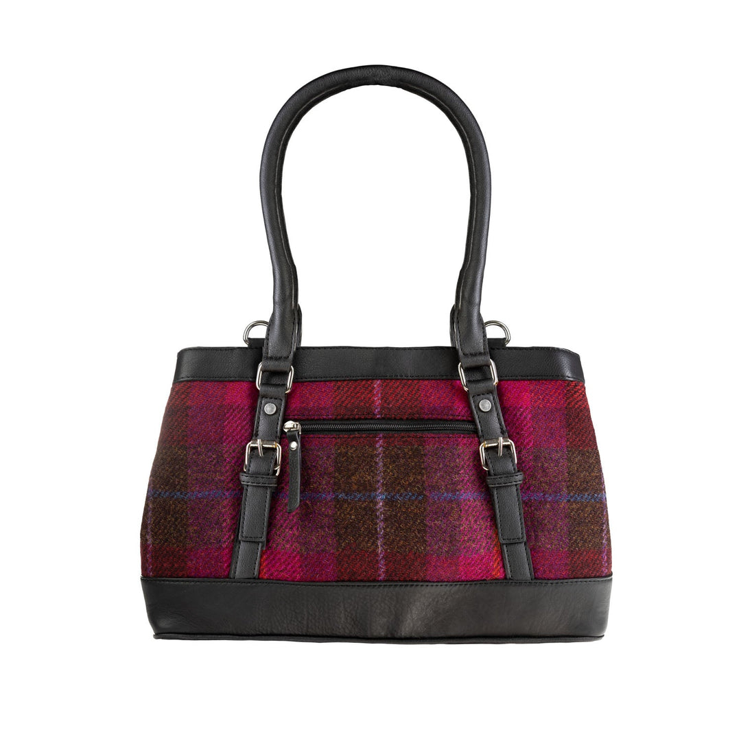 Ladies Ht Leather Hand Bag Cerise Check / Black - Dunedin Cashmere