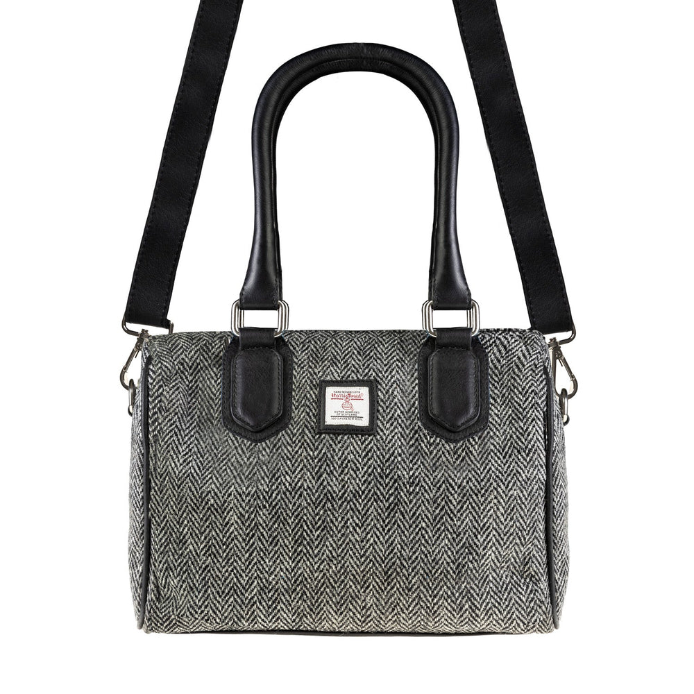Ladies Ht Leather Small Handbag Black & White Herringbone / Black - Dunedin Cashmere