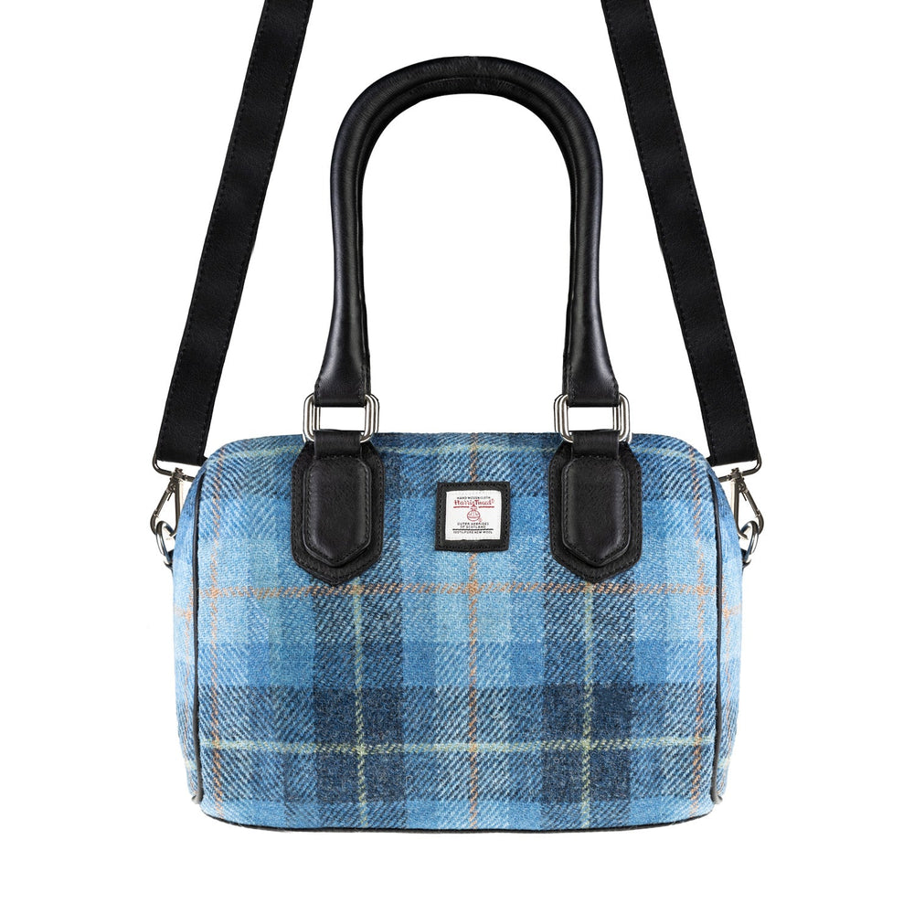 Ladies Ht Leather Small Handbag Blue Check / Black - Dunedin Cashmere