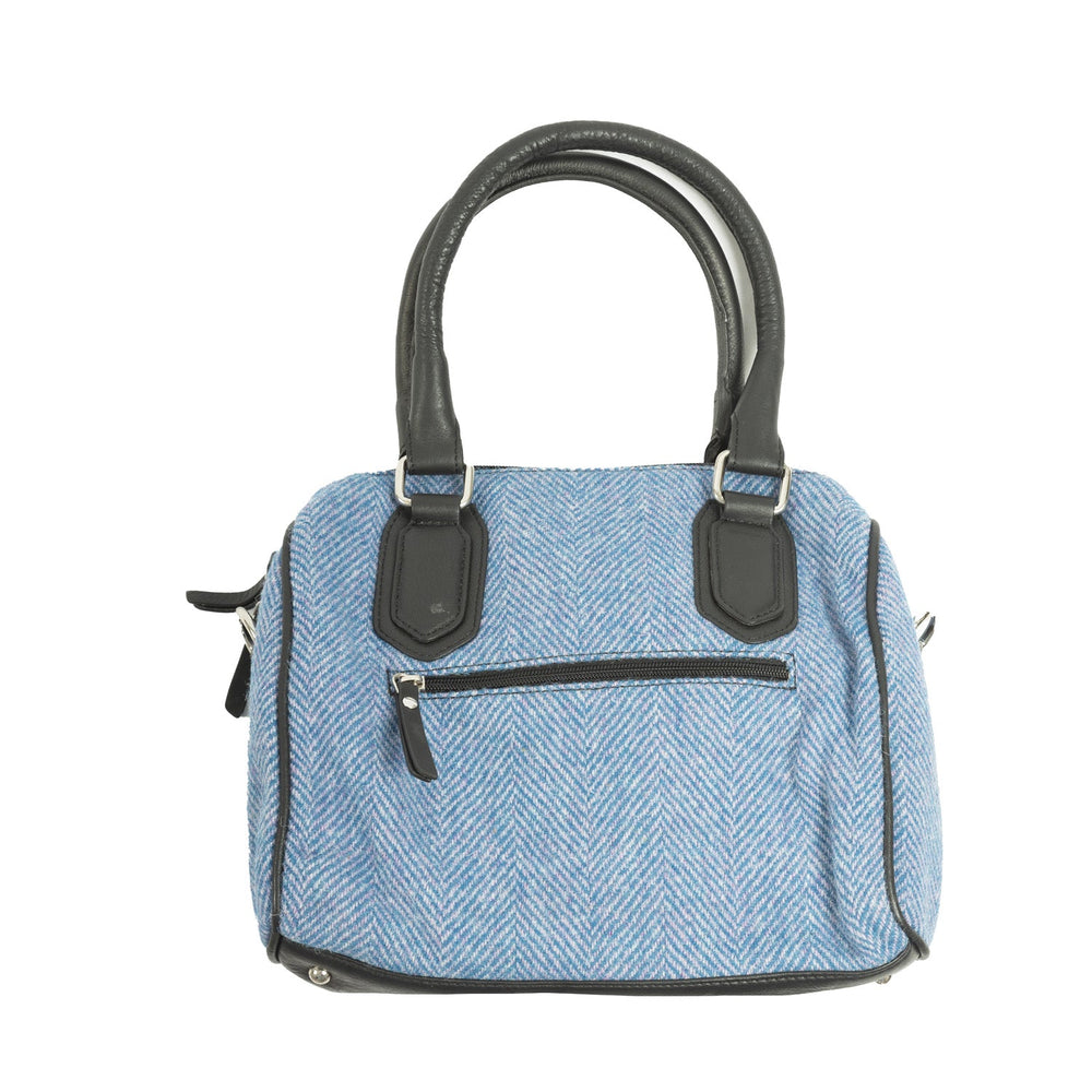 Ladies Ht Leather Small Handbag Blue & Pink Herringbone / Black - Dunedin Cashmere