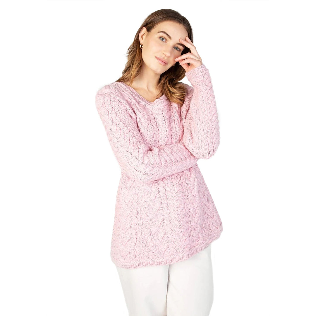 Ladies Primrose Cable Round Neck Sweater Pale Pink - Dunedin Cashmere