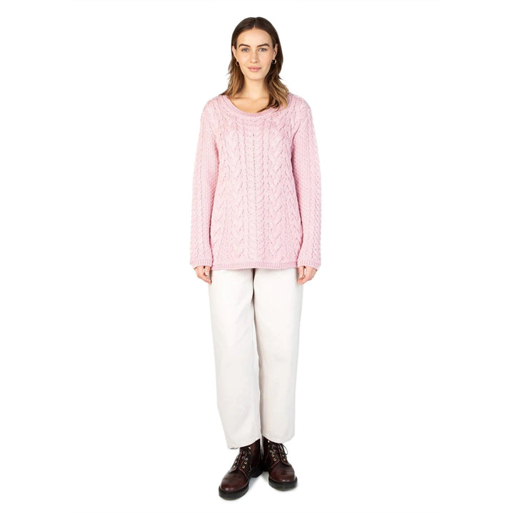 Ladies Primrose Cable Round Neck Sweater Pale Pink - Dunedin Cashmere